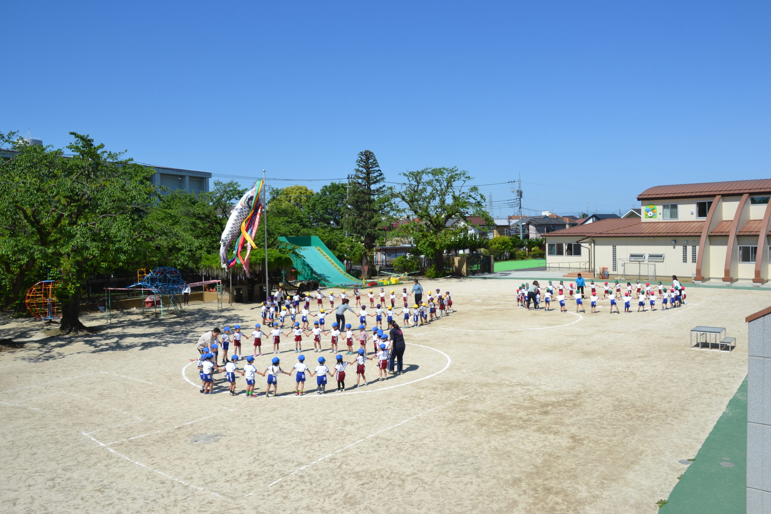 思いっきり遊べる緑豊かで広い園庭